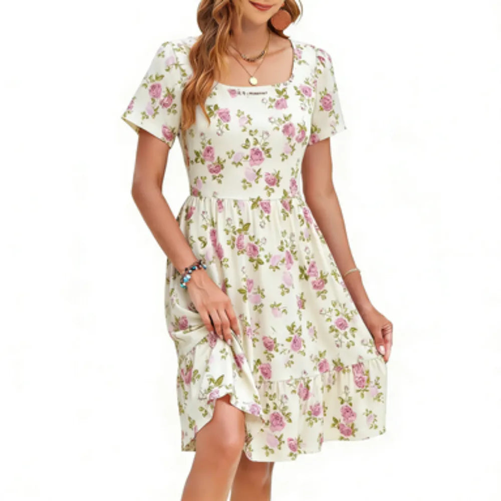 Women Square Neck Floral Sundress, Short Sleeve A-Line Midi Dress with Pockets, Soft Breathable Summer Vacation Dresses