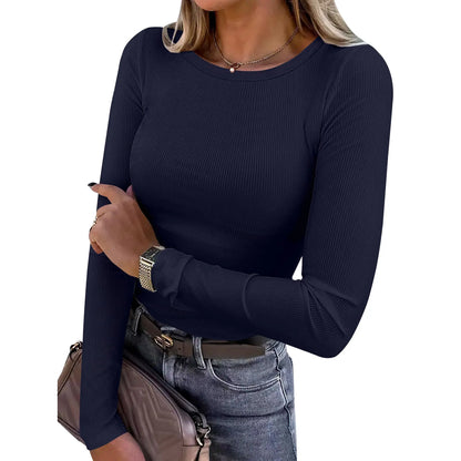 Women's Ribbed Long Sleeve Crewneck Top – Slim Fit Basic Tee