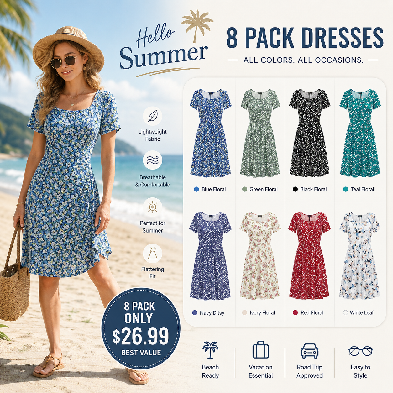 Women Square Neck Floral Sundress, Short Sleeve A-Line Midi Dress with Pockets, Soft Breathable Summer Vacation Dresses