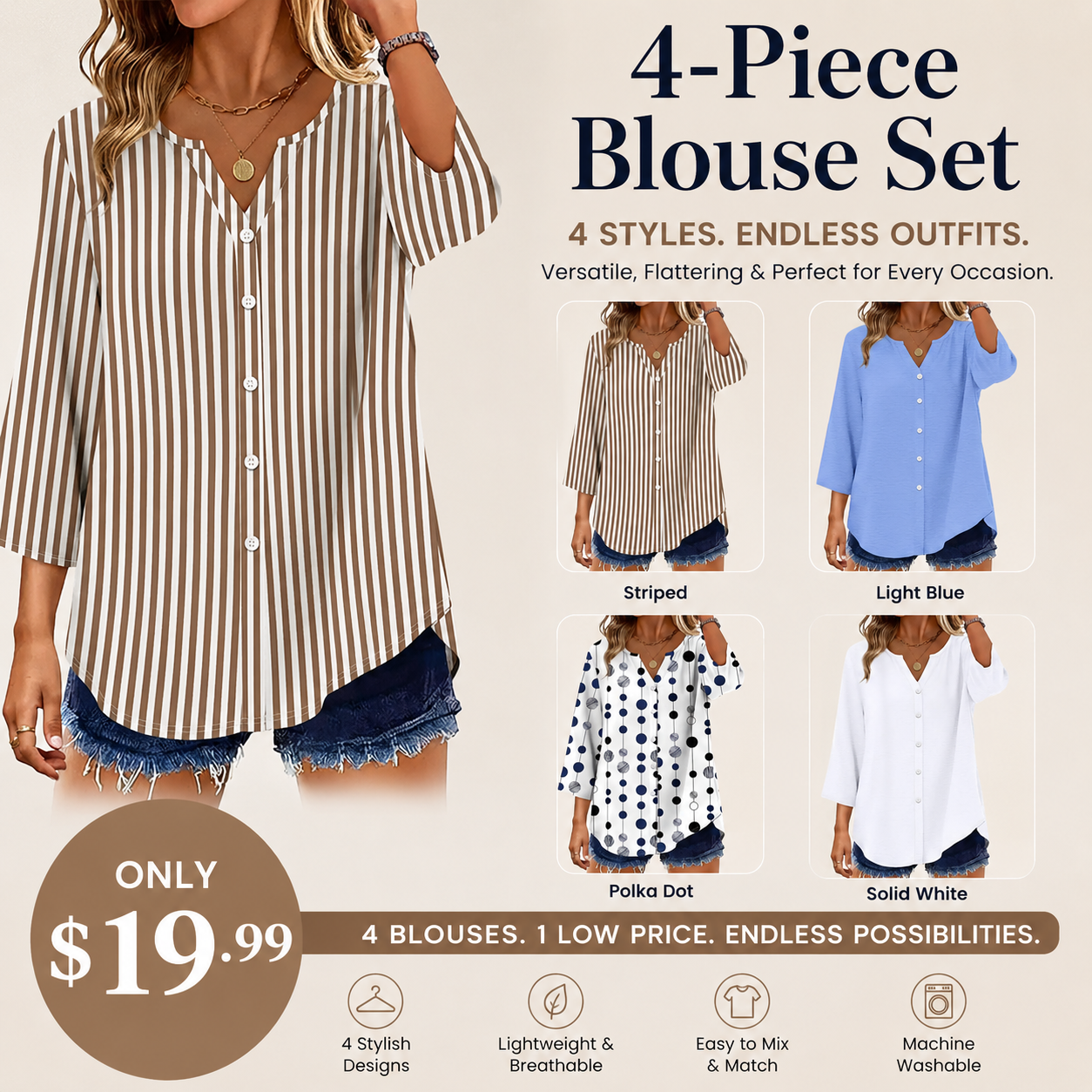 Women's 7-Piece Casual Blouse Set – Lightweight Button Front Tops