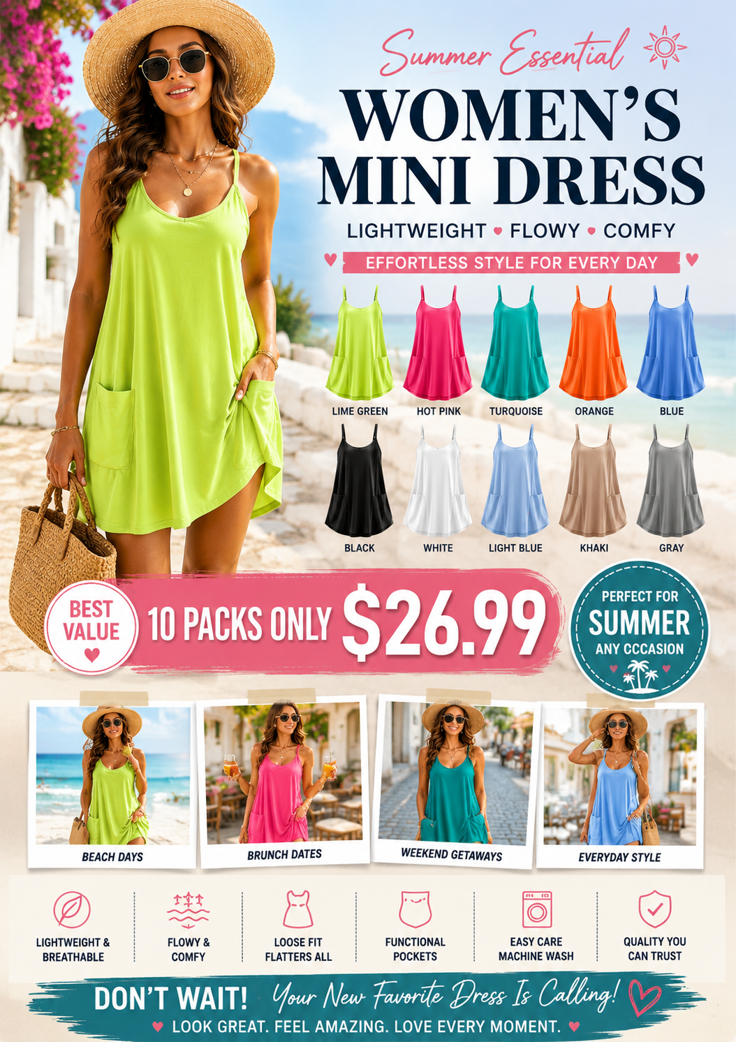 Last Day Promotion - Women's Summer Sleeveless Mini Dress V Neck Spaghetti