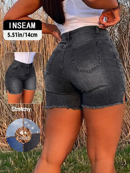 Women's High Waisted Denim Shorts | Vintage Y2K Side Split Frayed Hem Jean Shorts