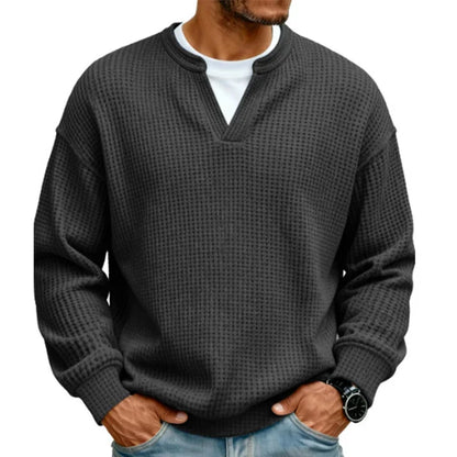 Men's Layered Comfort Waffle Knit Pullover – Soft Thermal Long Sleeve Sweater