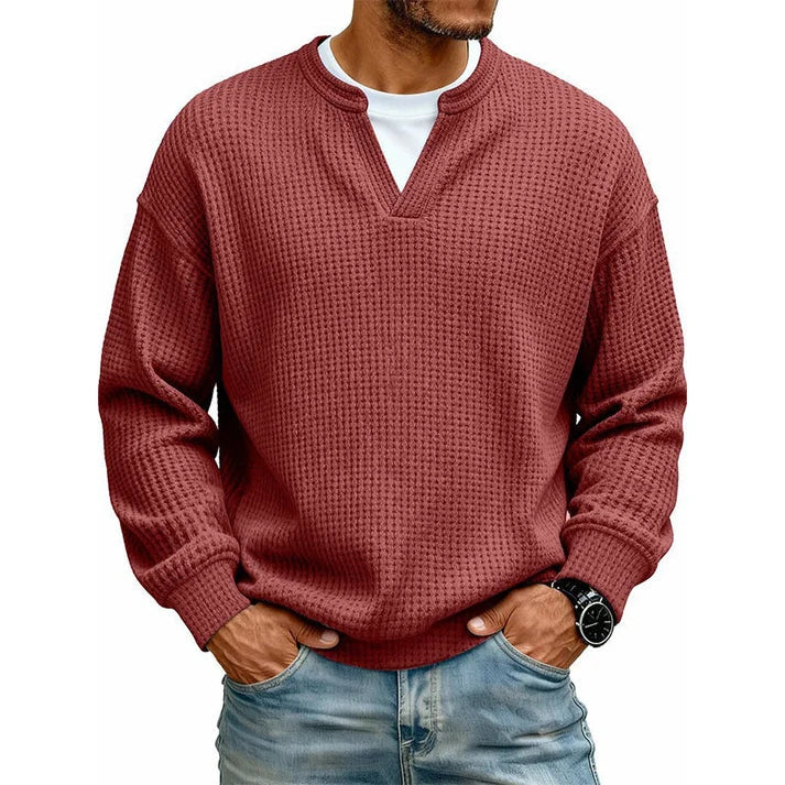 Men's Layered Comfort Waffle Knit Pullover – Soft Thermal Long Sleeve Sweater